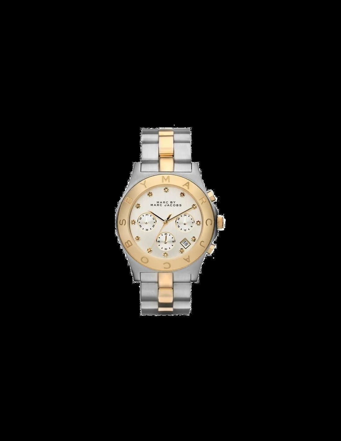 Montre Marc Jacobs MBM3177 au cadran blanc nacré et index dorés, acier argenté bicolore élégant