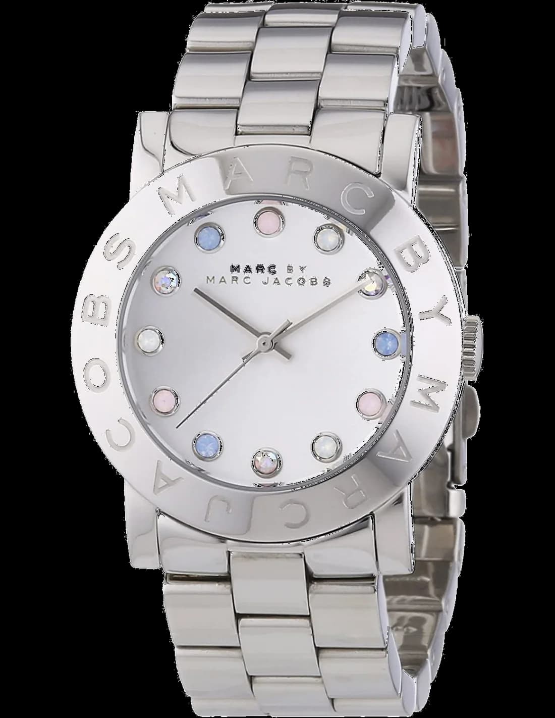Montre Marc Jacobs MBM3214 au cadran argenté et aiguilles dorées, style élégant et moderne