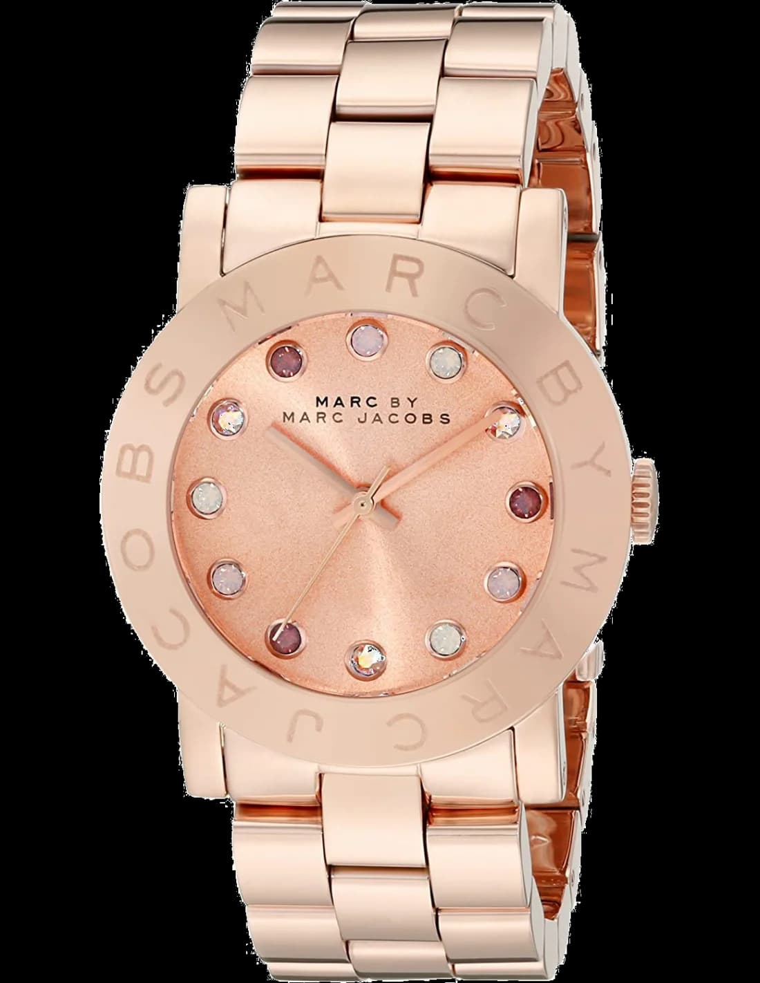 Montre Marc Jacobs MBM3216 avec cadran blanc et cristaux multicolores sur la lunette et les index, style élégant et coloré