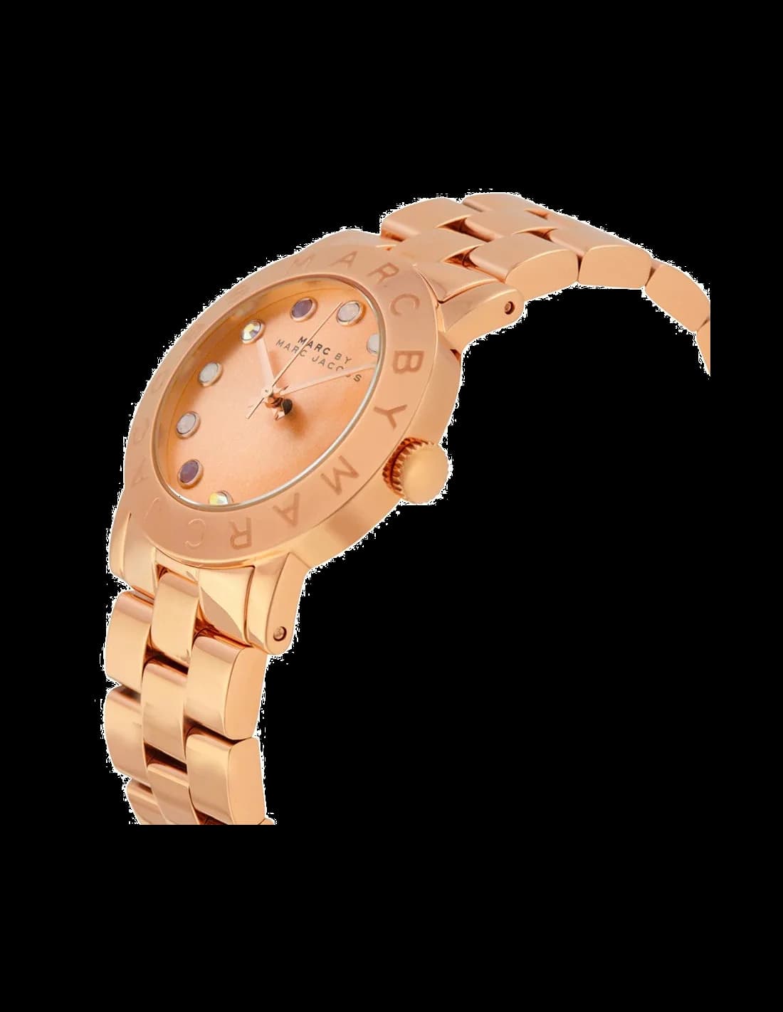 Cadran Marc Jacobs MBM3216 orné d'index cristal multicolores et aiguilles dorées, petite seconde à 6h