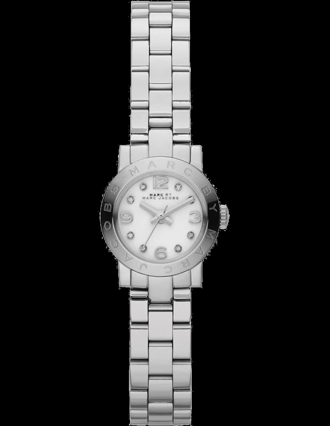 Montre Marc Jacobs MBM3225 avec cadran blanc nacré, indices dorés et aiguilles dauphine, style élégant et féminin