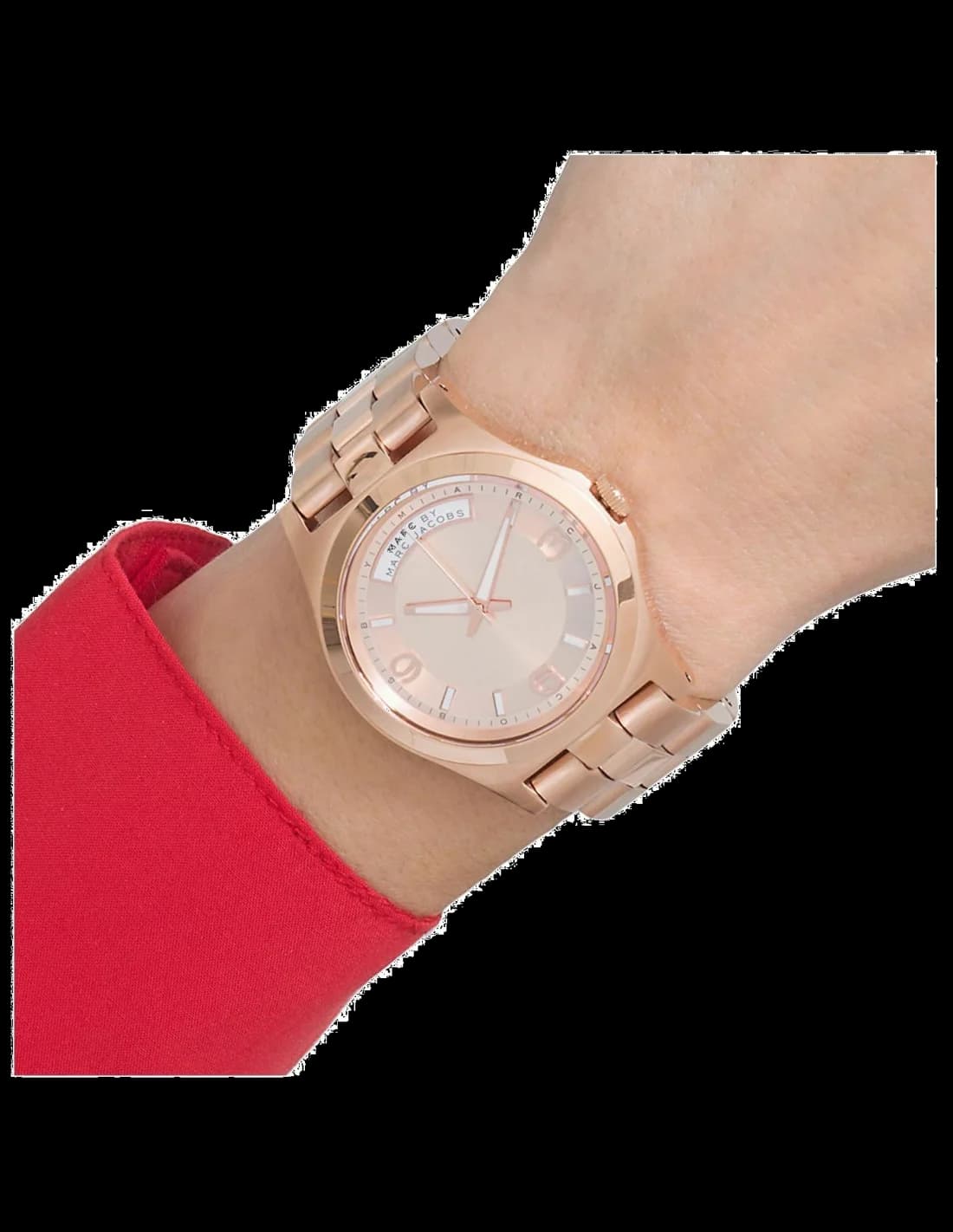 Cadran Marc Jacobs MBM3232 blanc nacré aux index dorés, aiguilles fines et complications discrètes, élégance intemporelle
