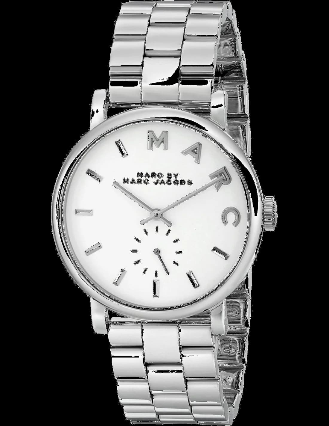 Montre Marc Jacobs MBM3242 avec cadran blanc laqué, aiguilles dorées et index bâtons pour un style chic et minimaliste