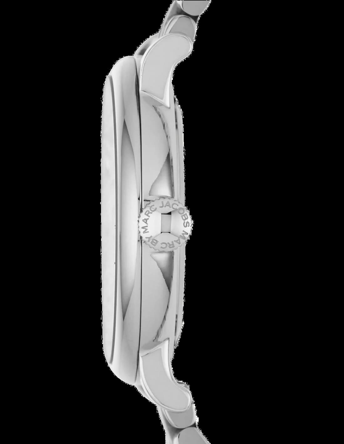 Cadran Marc Jacobs MBM3242 blanc épuré aux index bâtons dorés, aiguilles dauphine et date à 6h, élégance classique
