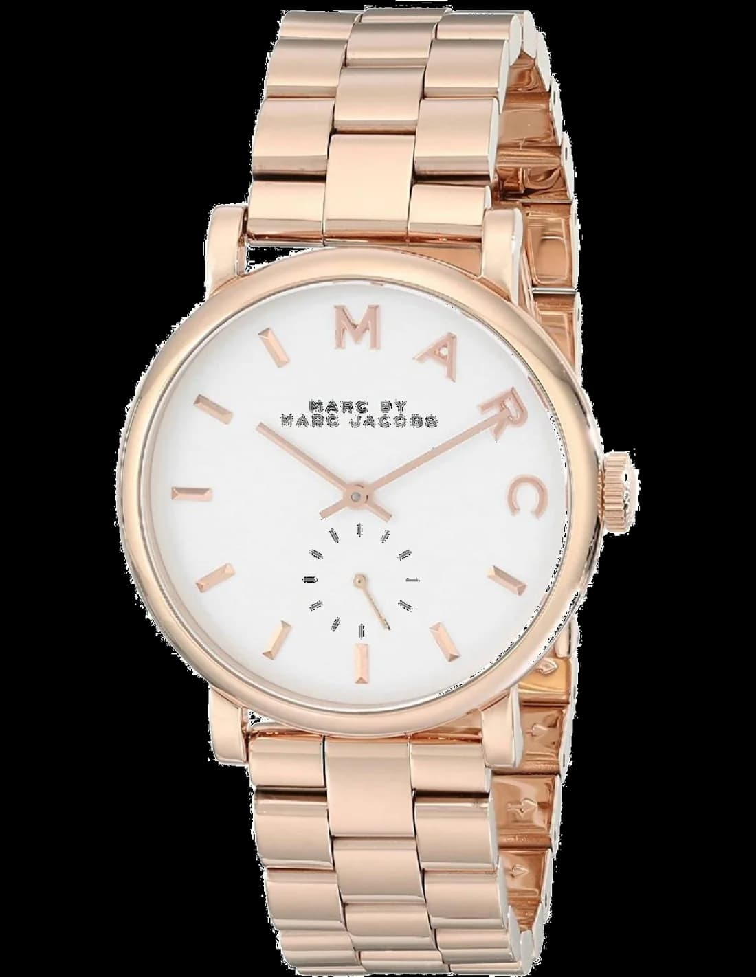 Montre Marc Jacobs MBM3244 en acier rose gold avec cadran blanc orné de lettres noires et index dorés, style élégant