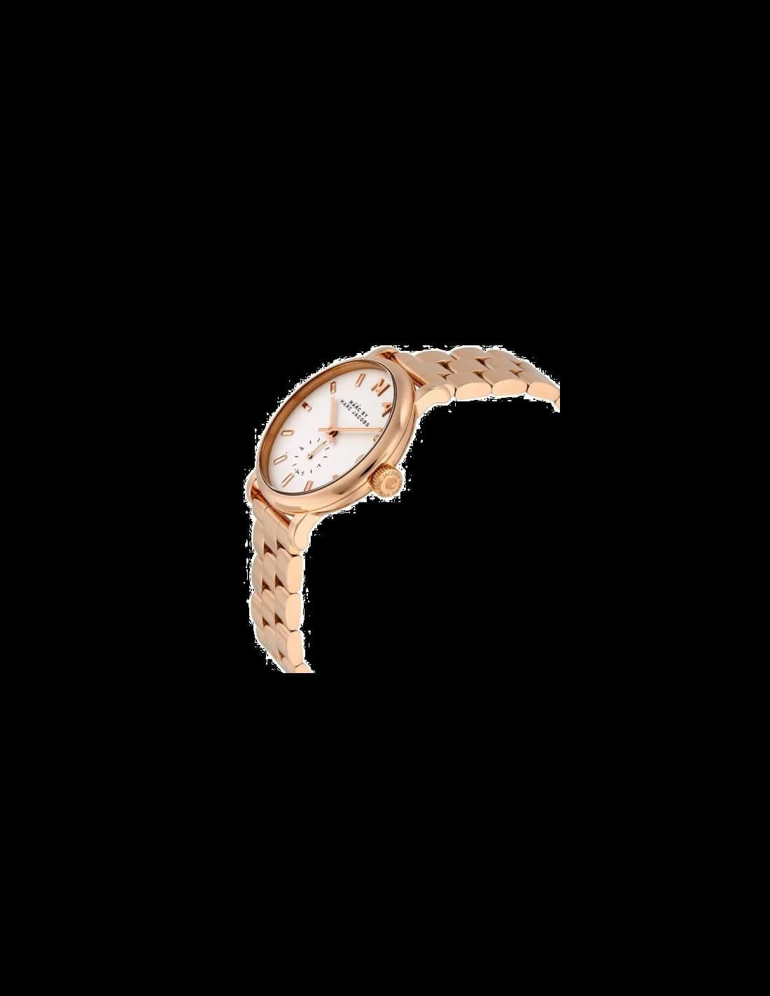 Cadran Marc Jacobs MBM3244 blanc avec lettres noires et aiguilles dorées, petite seconde à 6h, design épuré