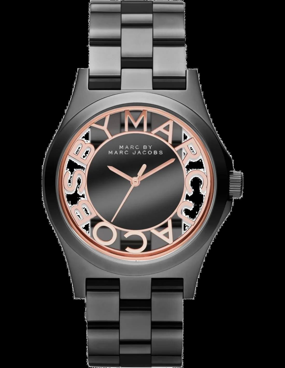 Montre Marc Jacobs MBM3254 en acier gris foncé avec cadran squelette dévoilant le mouvement