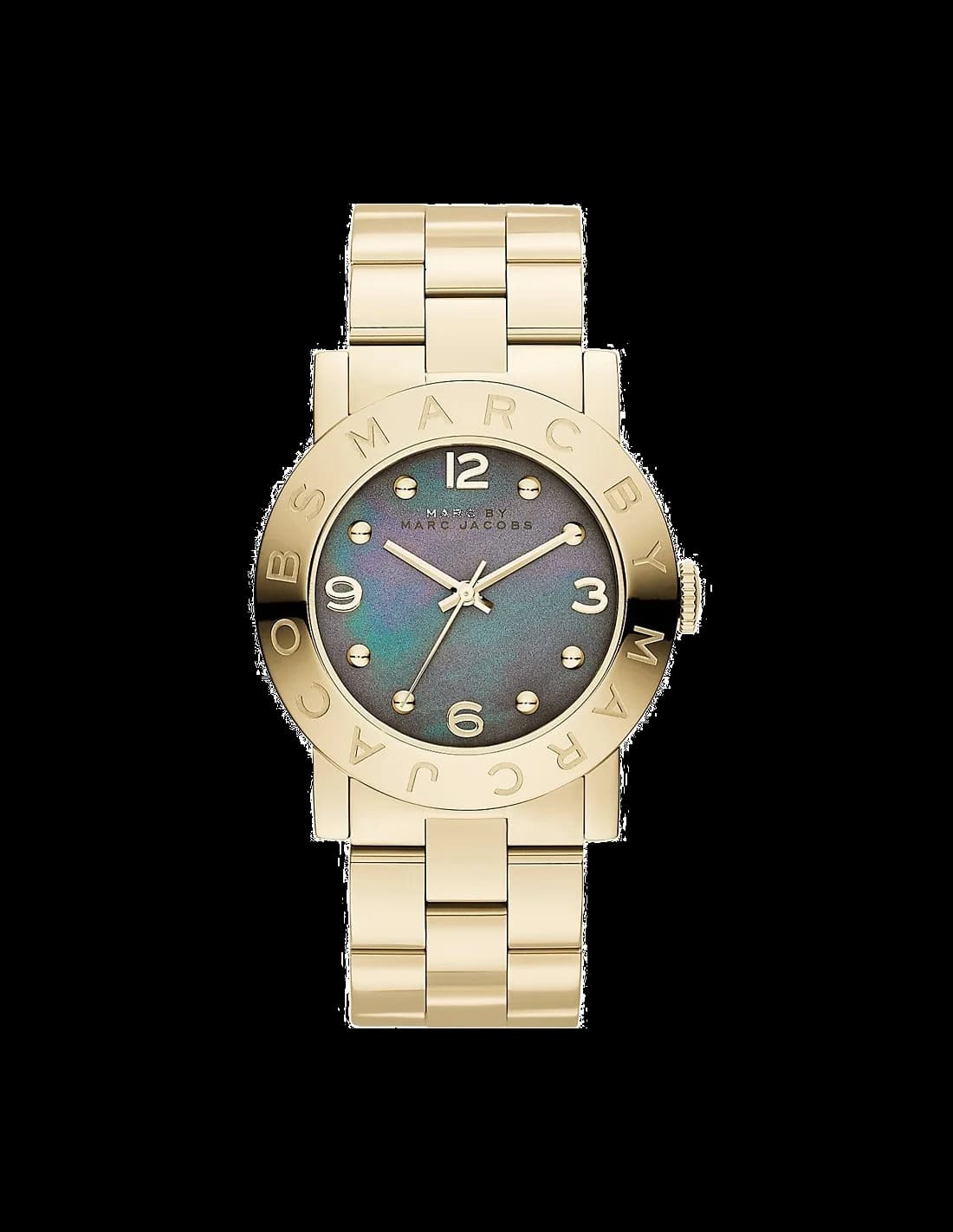 Montre Marc Jacobs MBM3273 au cadran nacre irisé et index dorés, style élégant et raffiné