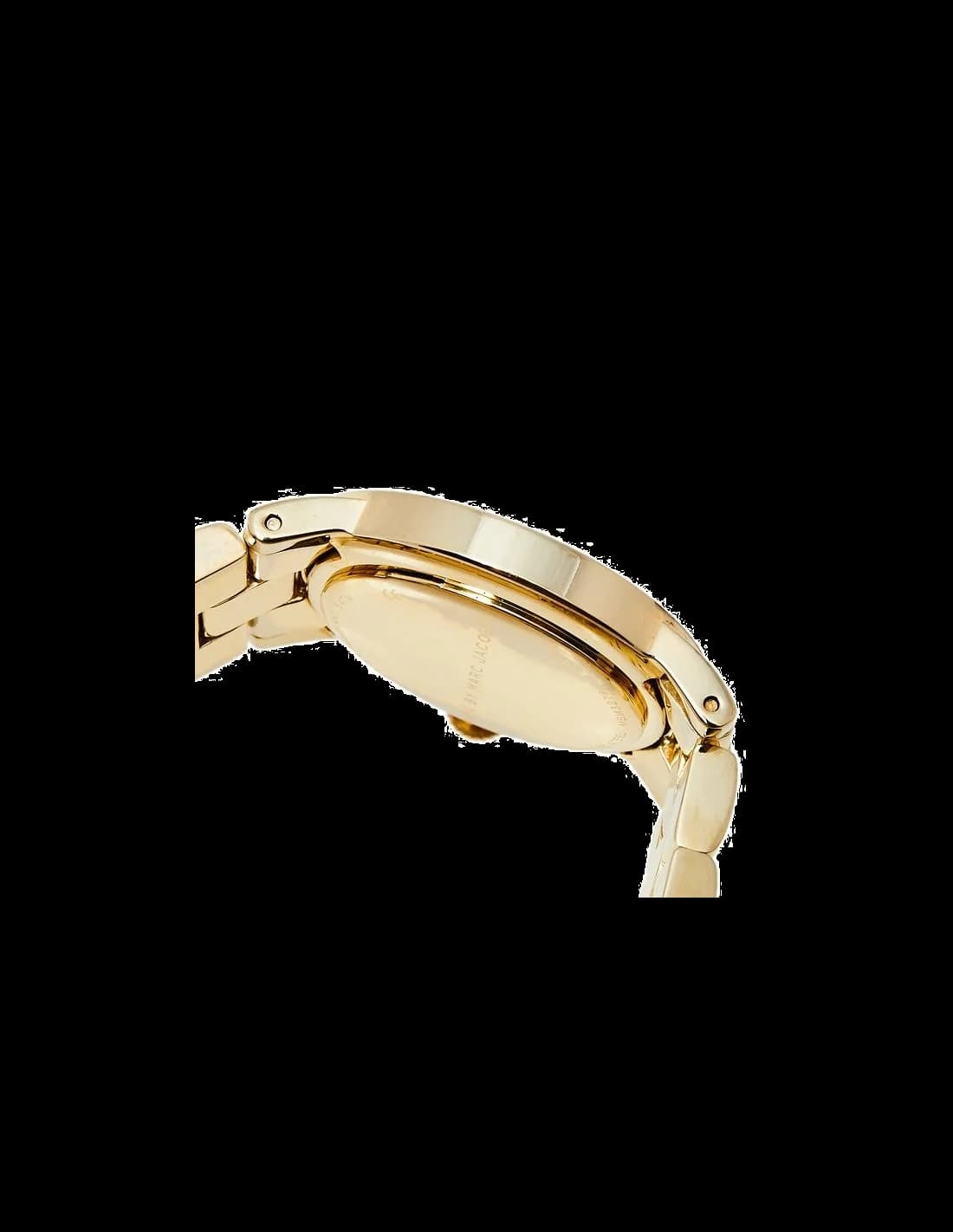 Cadran Marc Jacobs MBM3273 en nacre naturelle avec index bâtons et aiguilles dorées, date à 3h