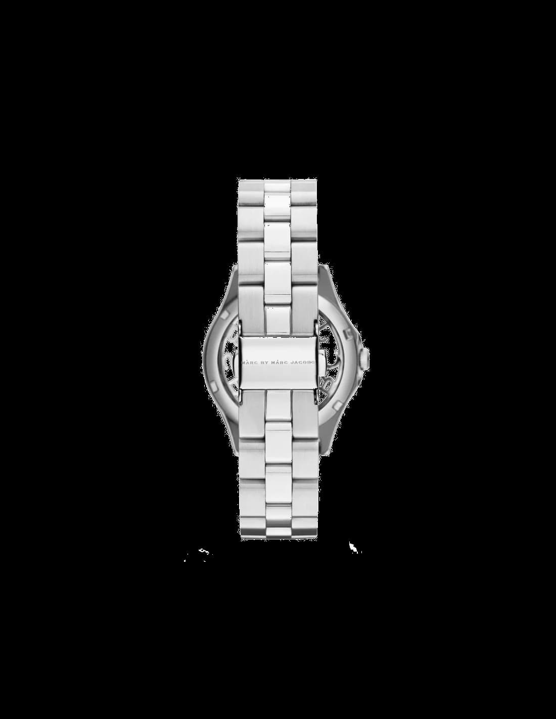 Cadran Marc Jacobs MBM3294 au design squelette dévoilant le mouvement, aiguilles dauphine dorées et index bâtons argentés