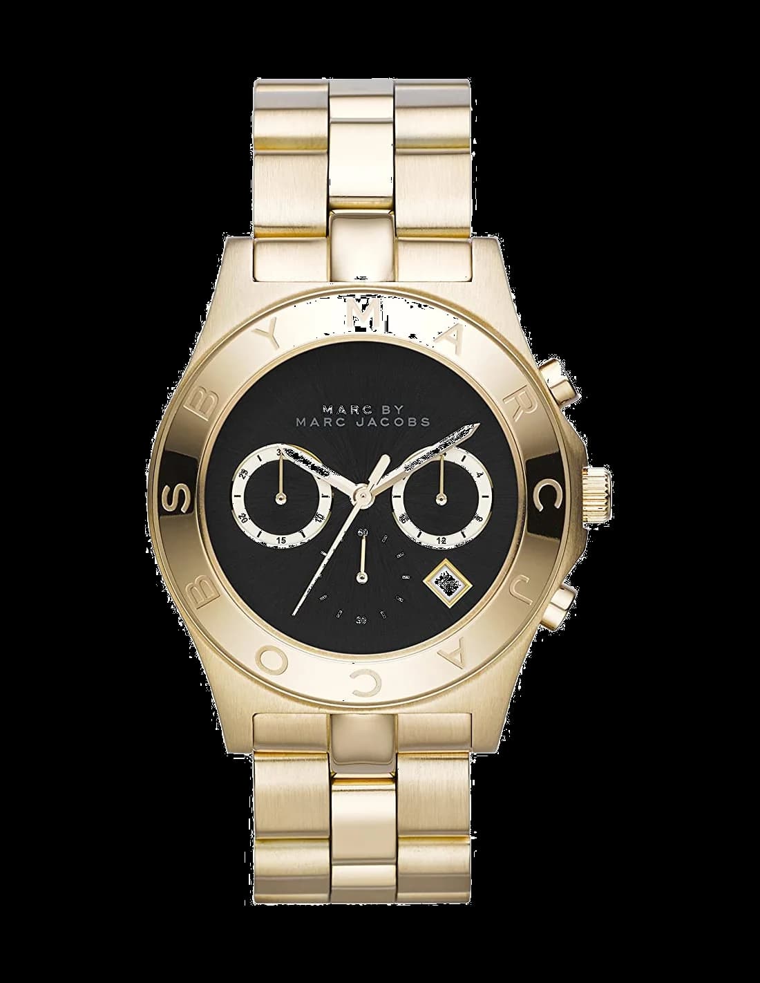Montre Marc Jacobs MBM3309 au cadran noir élégant et boîtier en acier doré