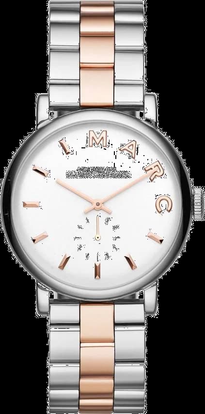 Montre Marc Jacobs MBM3312 au cadran blanc avec index lettres et aiguilles dorées sur fond soleil, style vintage chic
