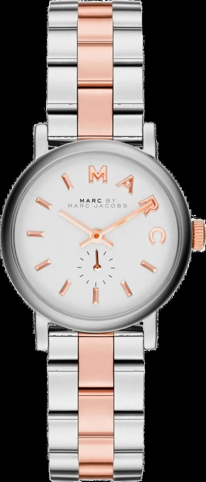 Montre Marc Jacobs MBM3331 avec cadran argenté soleillé, index bâtons et aiguilles bicolores argent et or rose