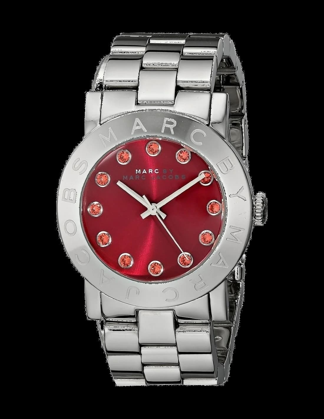 Montre Marc Jacobs MBM3333 au cadran rouge vif, acier argenté et cristaux scintillants, style élégant et moderne