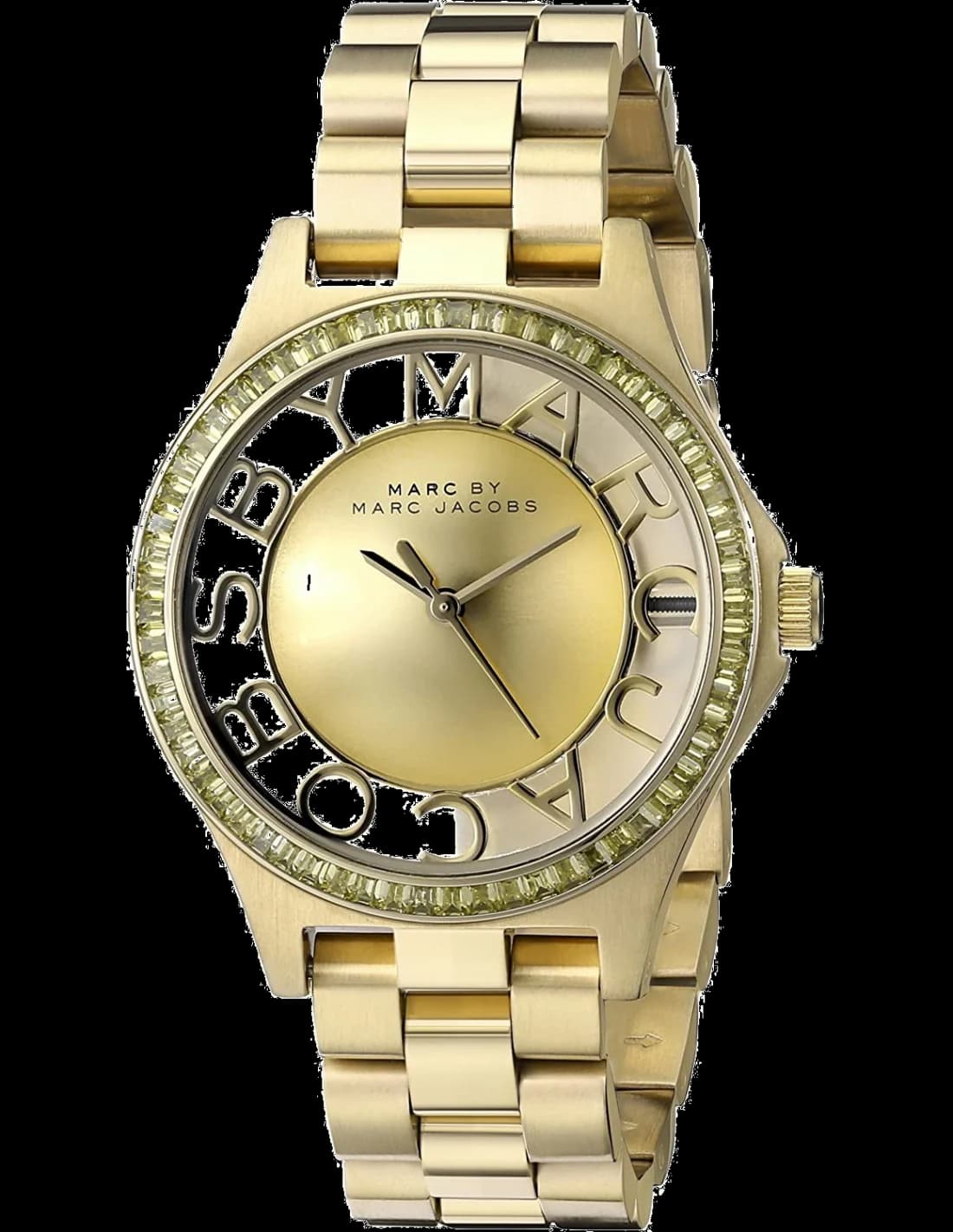 Montre Marc Jacobs MBM3338 au cadran squelette doré avec index bâtons et aiguilles bleutées
