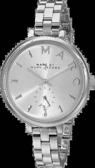 Montre Marc Jacobs MBM3362 au cadran blanc laqué, aiguilles argentées et index bâtons, style chic et minimaliste