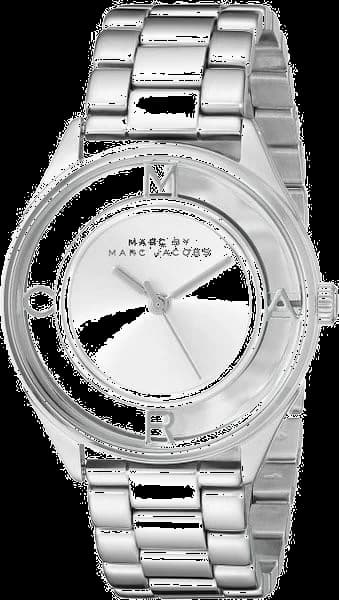 Montre Marc Jacobs MBM3412 avec cadran transparent et gris électrique, acier poli, style moderne et élégant