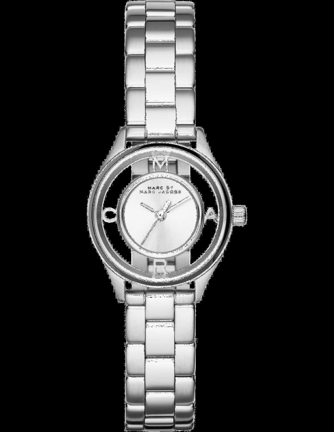 Montre Marc Jacobs MBM3416 avec cadran transparent dévoilant le mouvement, aiguilles dorées et index appliqués