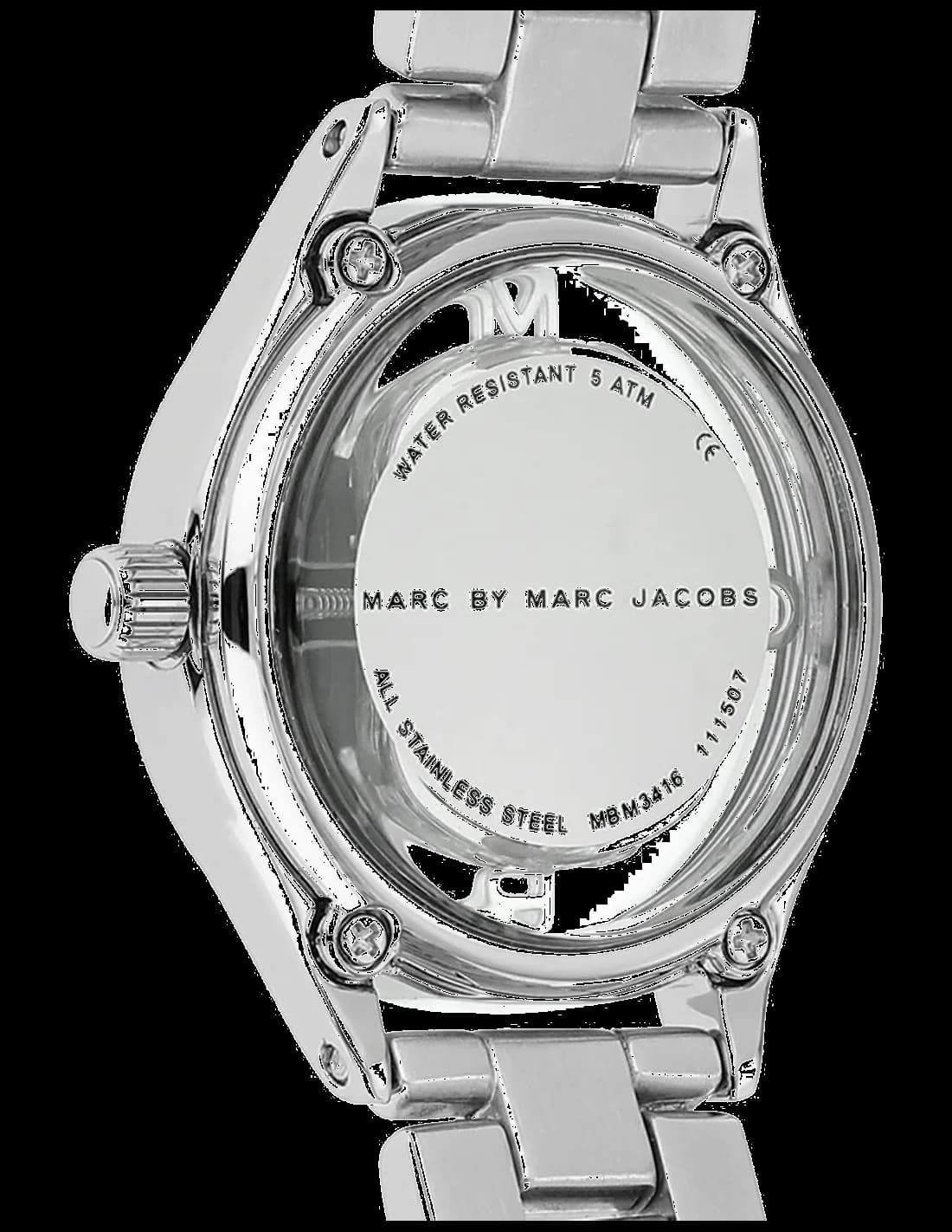 Cadran Marc Jacobs MBM3416 transparent révélant le mécanisme, aiguilles dorées et index bâtons minimalistes