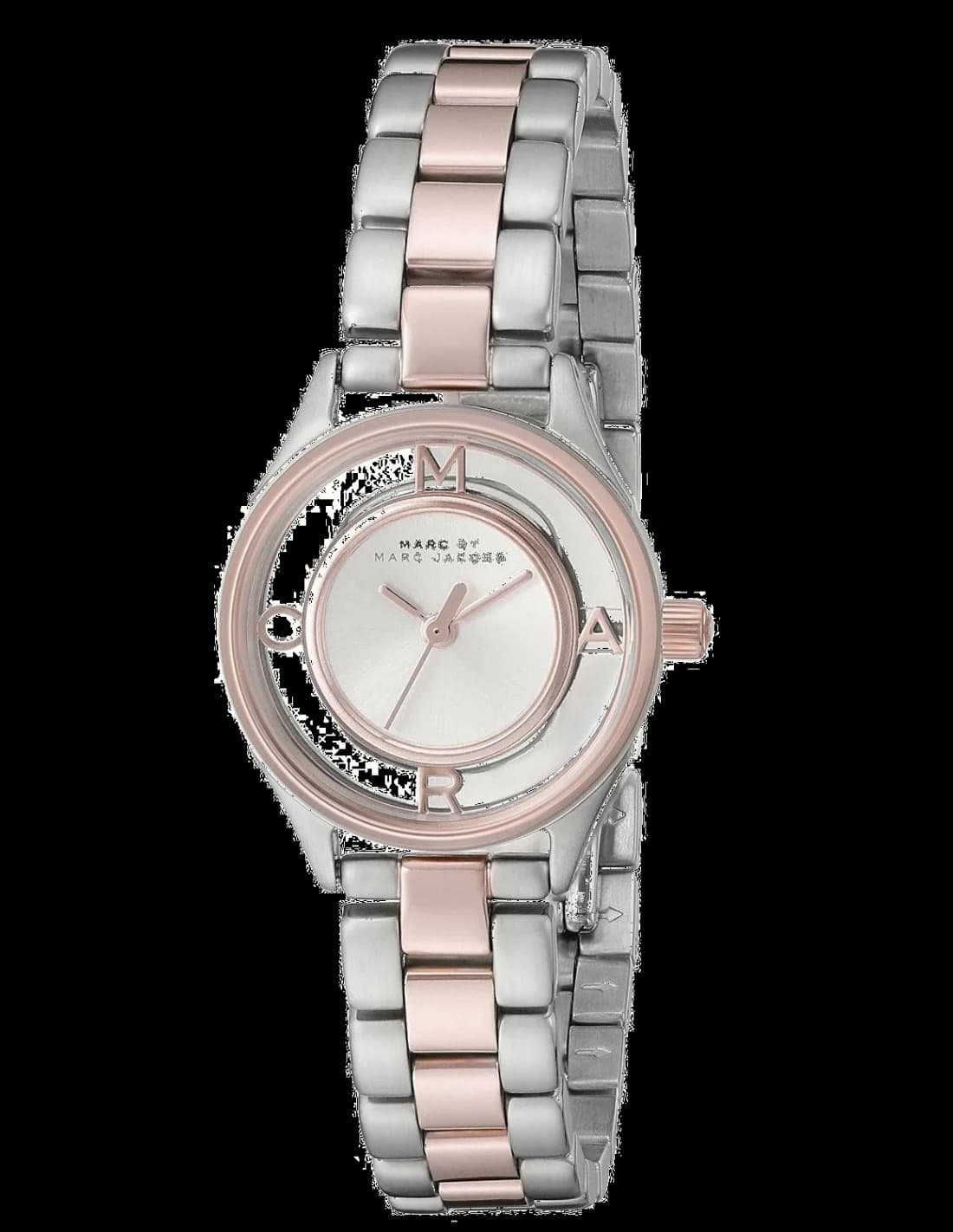 Montre Marc Jacobs MBM3418 au cadran or rose avec index dorés et aiguilles squelettes, style chic et moderne