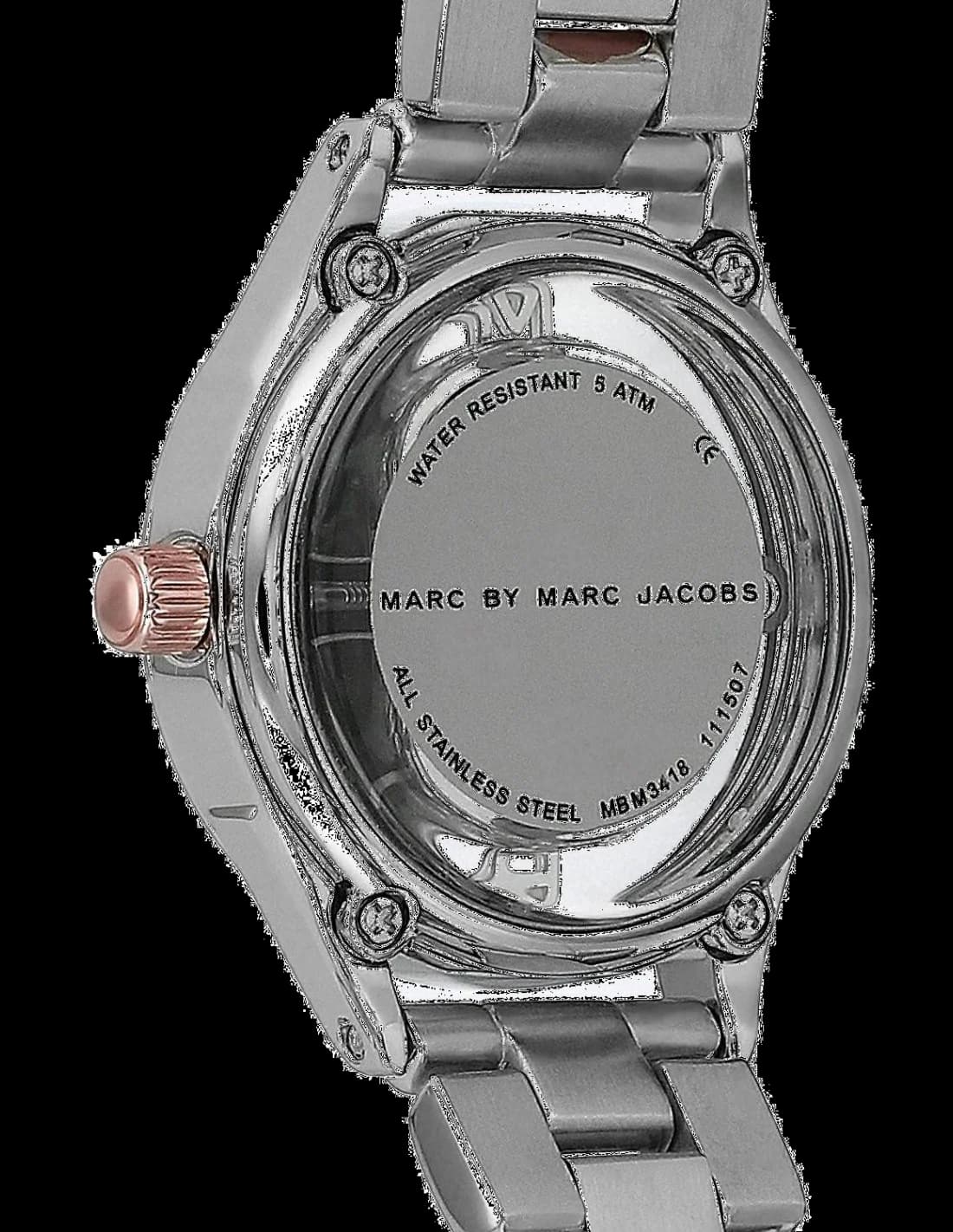 Cadran Marc Jacobs MBM3418 au cadran or rose avec index bâton et aiguilles dorées, complication date à 3h