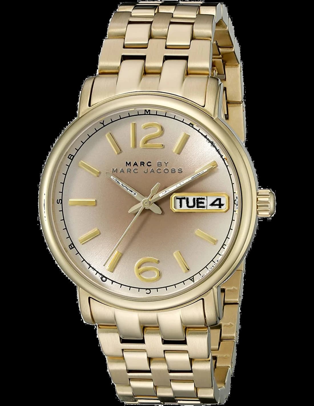 Montre Marc Jacobs MBM3429 avec cadran blanc et index dorés, style chic intemporel