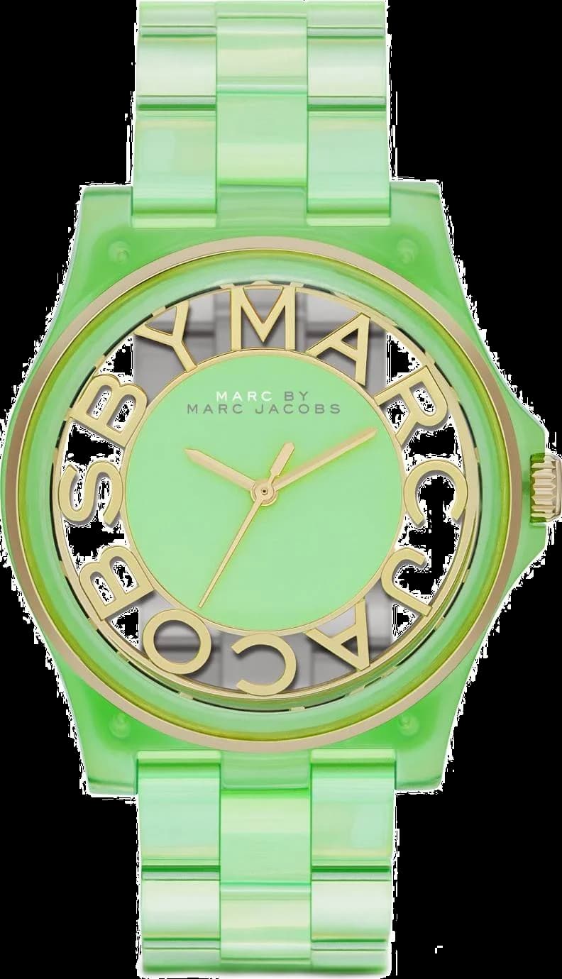 Montre Marc Jacobs MBM4569 avec cadran transparent vert et aiguilles argentées, style minimaliste et tendance