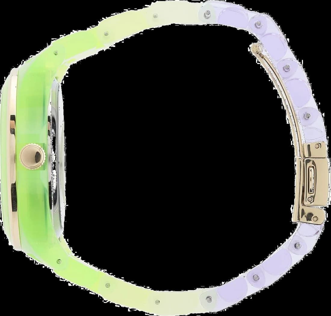 Cadran Marc Jacobs MBM4569 au design épuré, index discrets et aiguilles fines, cadran transparent vert