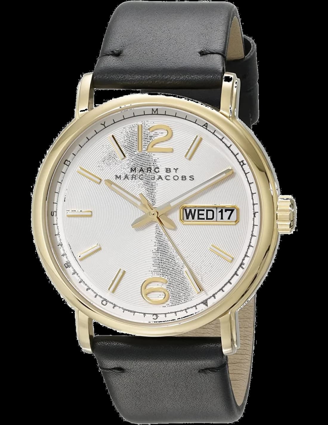 Montre Marc Jacobs MBM5081 au cadran blanc lumineux, aiguilles dorées et index bâtons, style chic et épuré