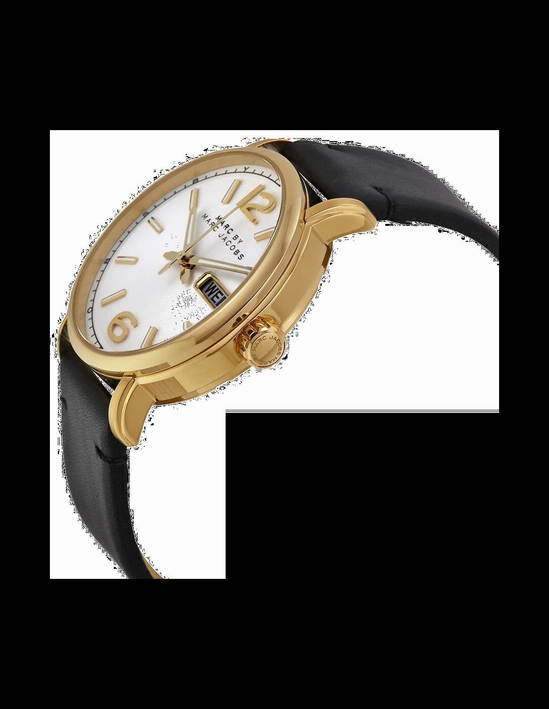 Cadran Marc Jacobs MBM5081 avec index bâtons dorés et aiguilles fines, date à 3h, design minimaliste élégant
