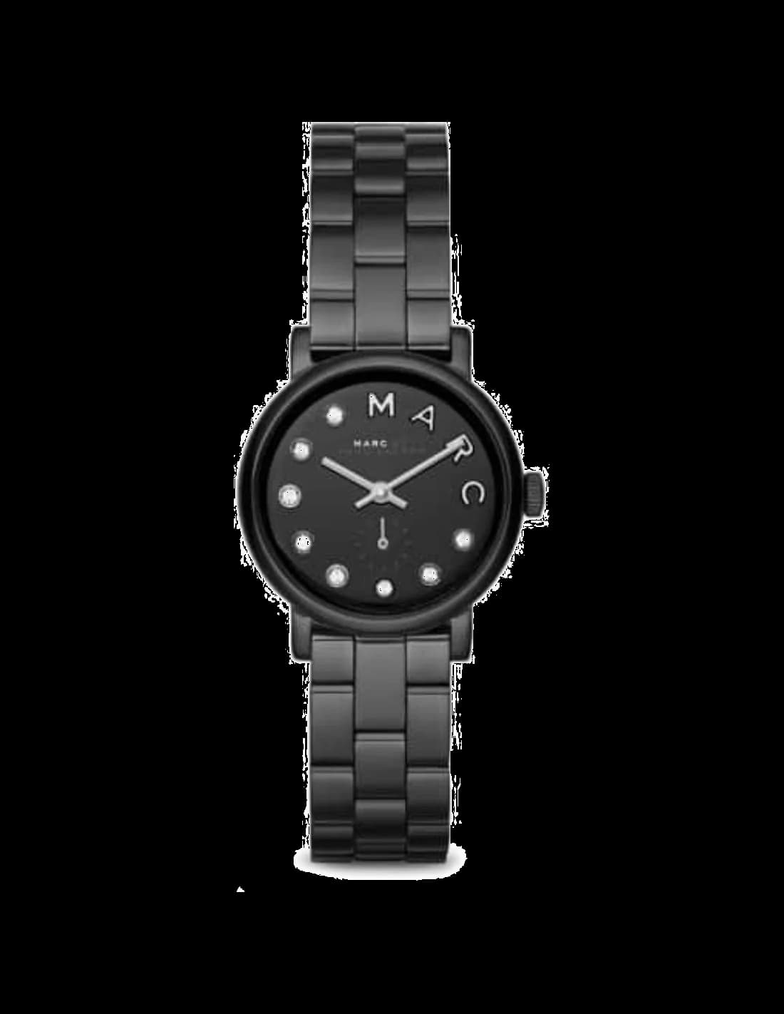 Montre Marc Jacobs MBM8673 noire avec cadran noir et index dorés, style chic et minimaliste