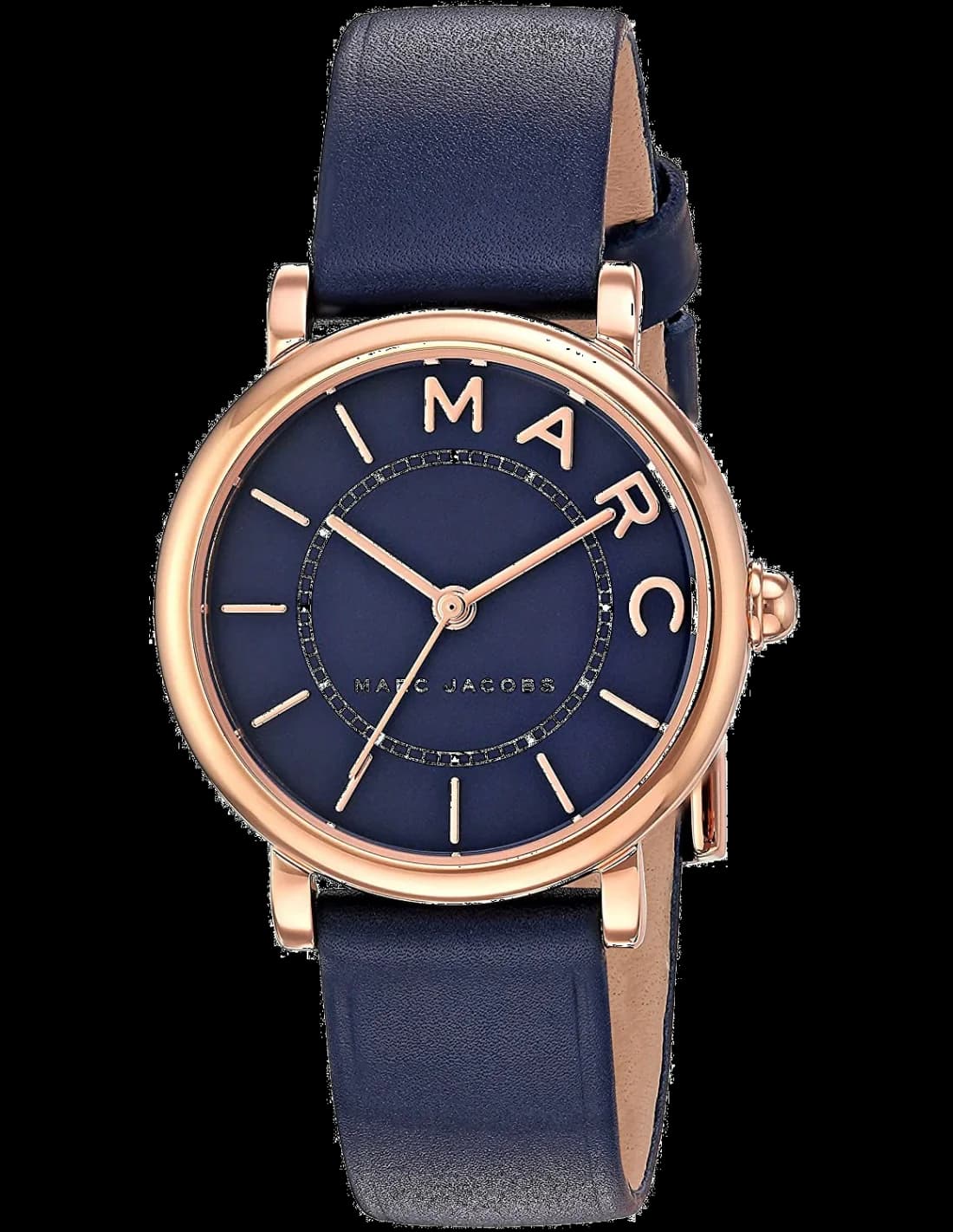 Montre Marc Jacobs MJ1539 au cadran blanc nacré, acier doré rose et bracelet cuir bleu
