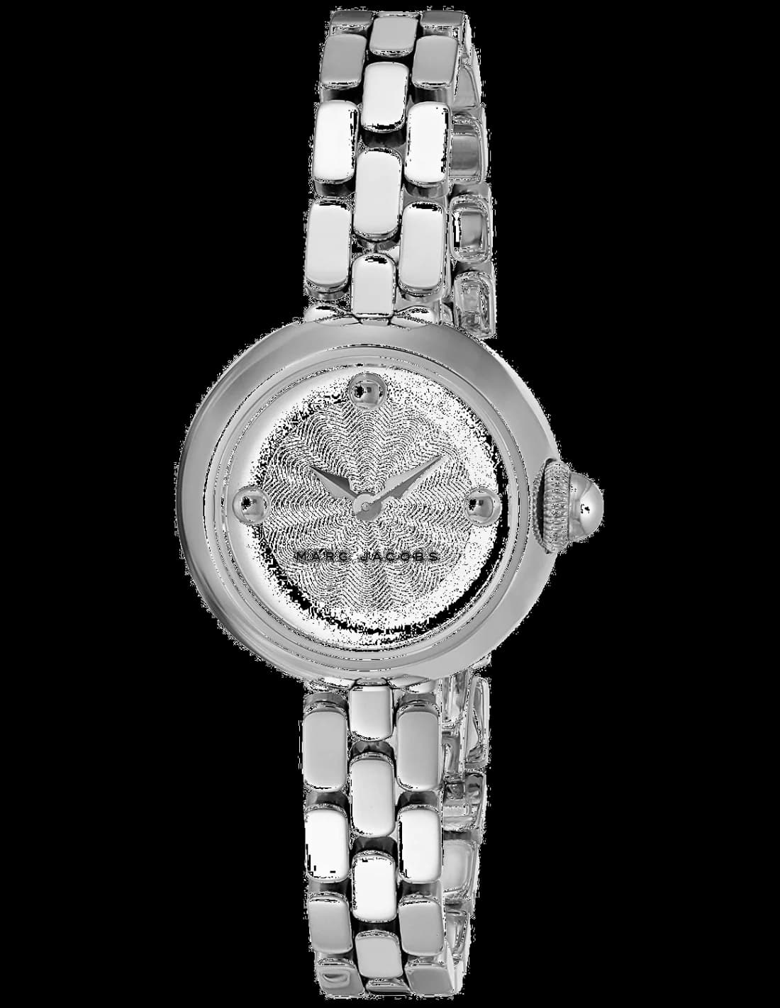Montre Marc Jacobs MJ3456 au cadran argent et aiguilles dorées, style chic et minimaliste