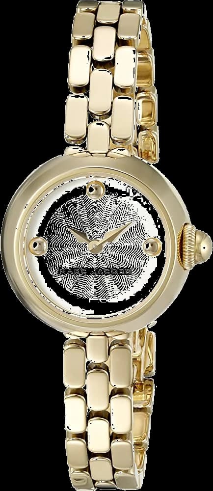 Montre Marc Jacobs MJ3459 au cadran noir soleil et lunette dorée, style chic et féminin