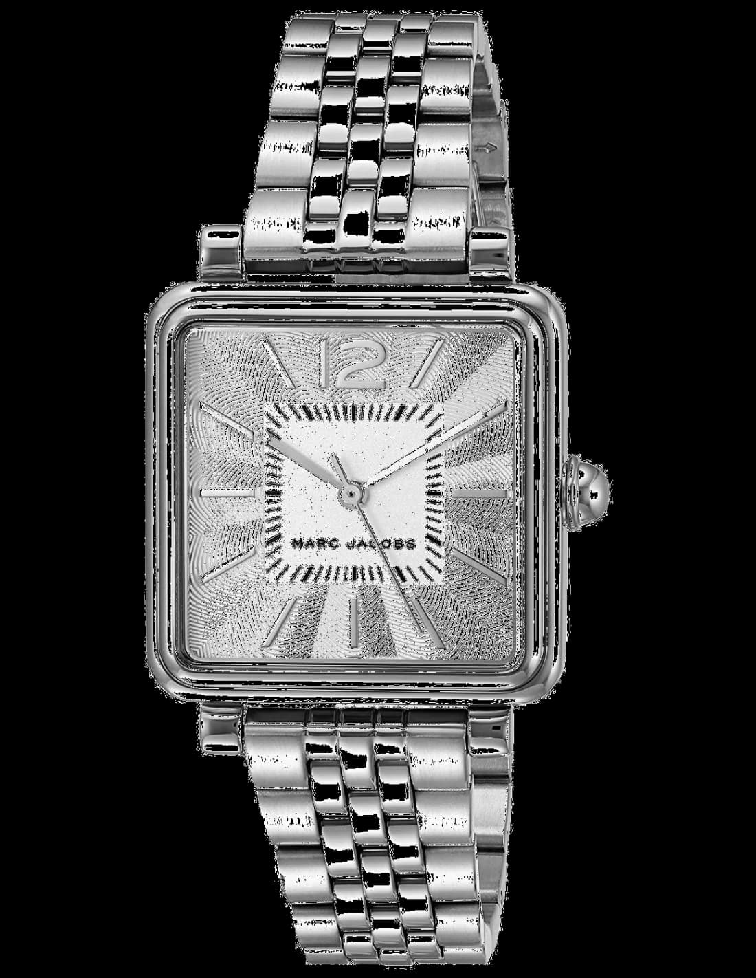 Montre Marc Jacobs MJ3461 au cadran carré argenté avec index dorés et aiguilles en acier poli, style chic et moderne