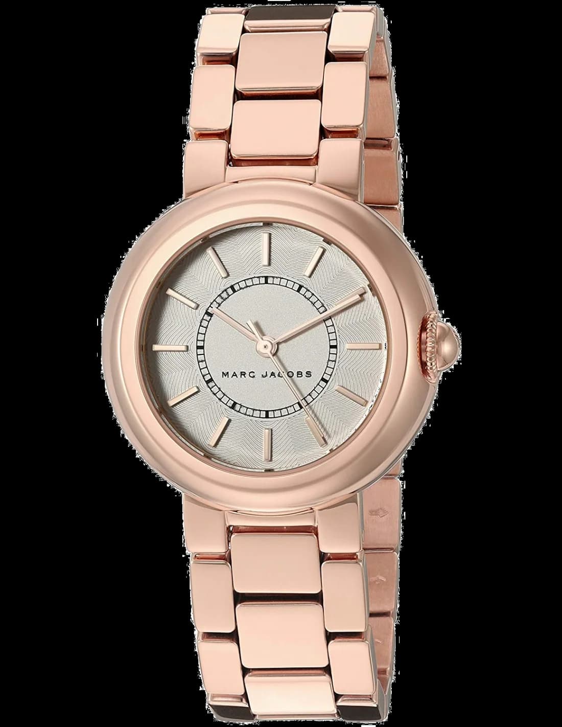 Montre Marc Jacobs MJ3466 avec cadran blanc et index dorés sur bracelet acier or rose