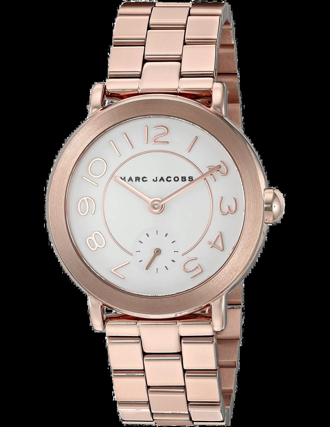 Montre Marc Jacobs MJ3471 au cadran blanc nacré et index dorés, élégance intemporelle