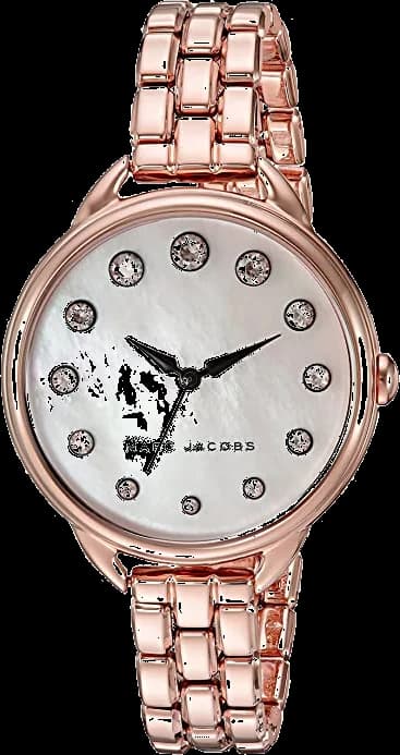 Montre Marc Jacobs MJ3511 au cadran blanc nacré, boîtier acier or rose et index cristaux, style élégant et raffiné