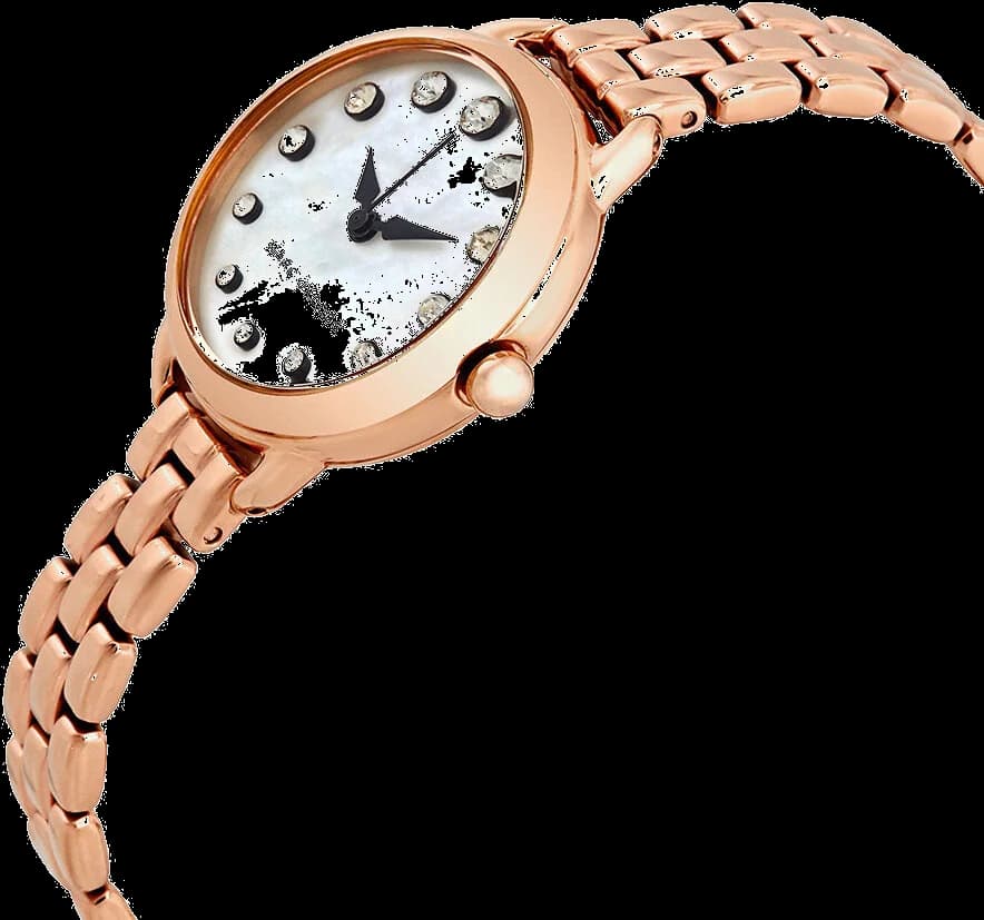Cadran Marc Jacobs MJ3511 blanc nacré avec index cristaux scintillants, aiguilles en acier or rose, date à 3h