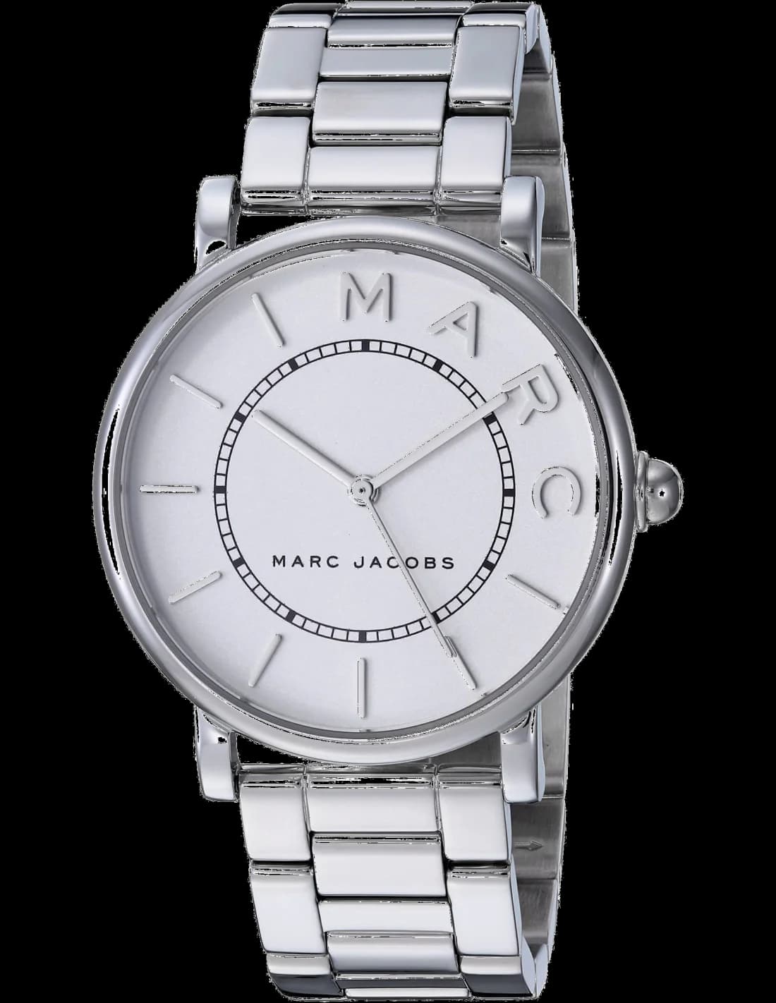Montre Marc Jacobs MJ3521 avec cadran blanc et index dorés, style élégant et minimaliste