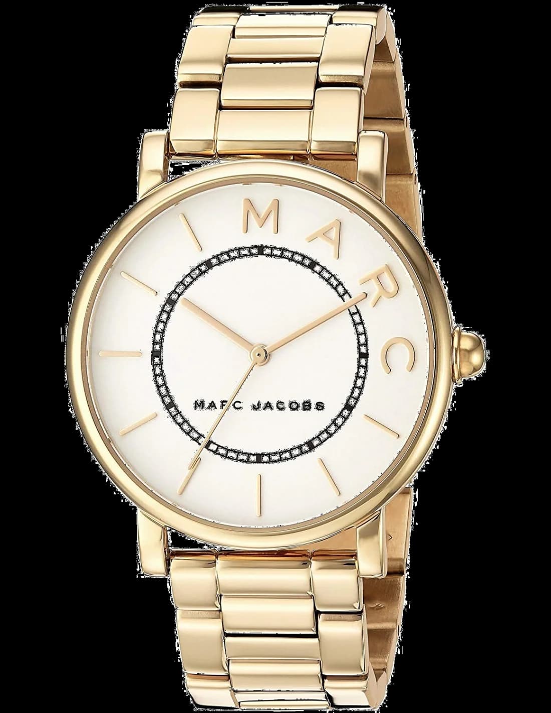 Montre Marc Jacobs MJ3522 avec cadran blanc et index dorés, style chic et féminin