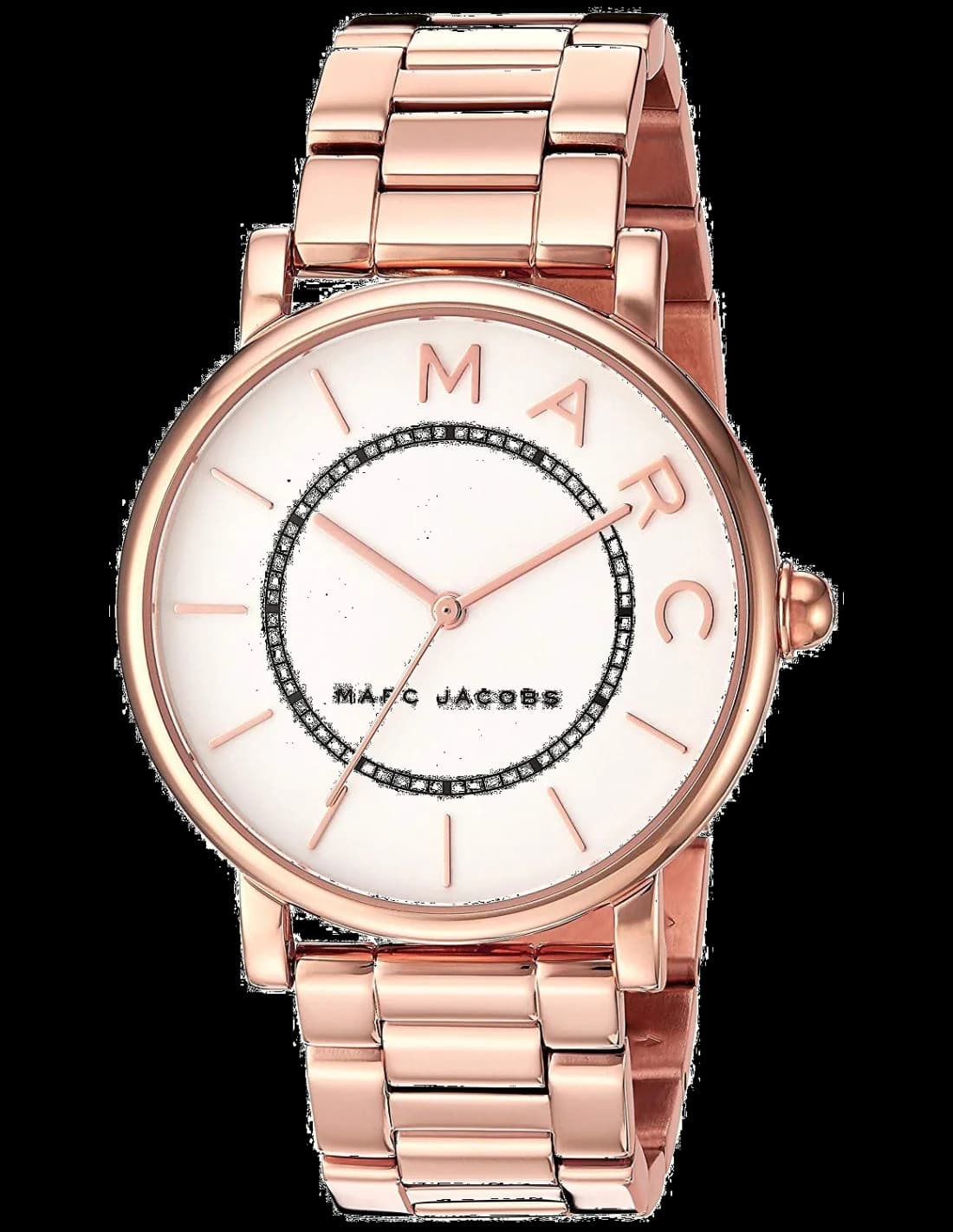 Montre Marc Jacobs MJ3523 au cadran blanc nacré avec index dorés et aiguilles bleues, style chic et délicat