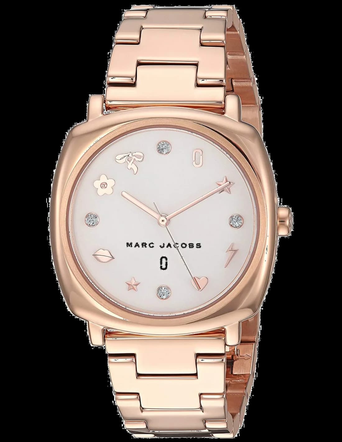 Montre Marc Jacobs MJ3574 au cadran or rose soleillé avec index dorés et aiguilles bâton, style élégant et moderne