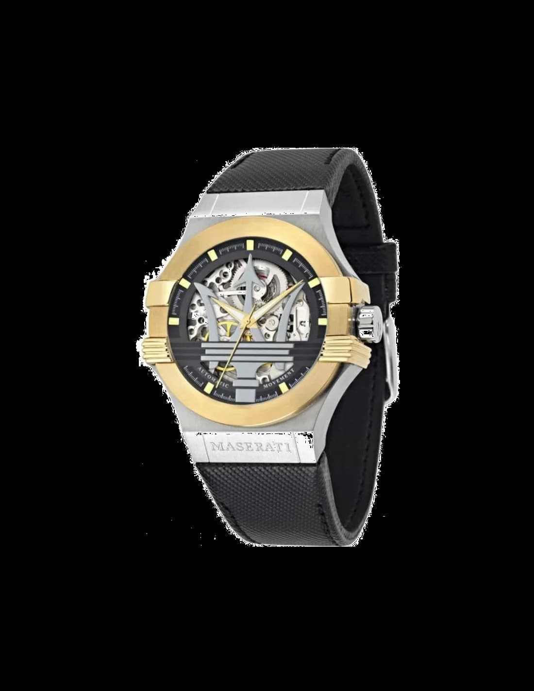 Montre Maserati R8821108011 avec cadran squelette noir et index bâtons argentés, style sport chic