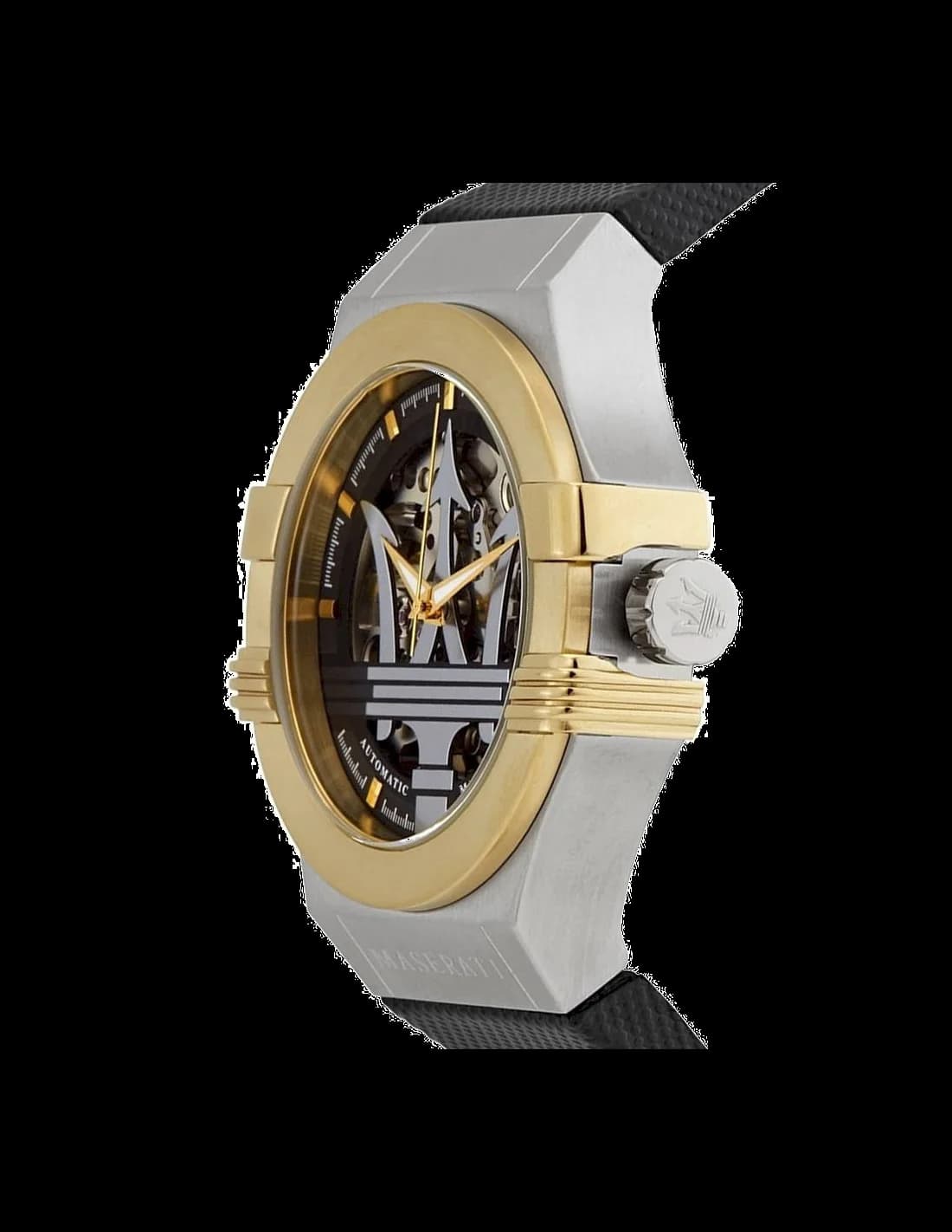 Cadran Maserati R8821108011 squelette noir dévoilant le mouvement automatique, aiguilles et index argentés