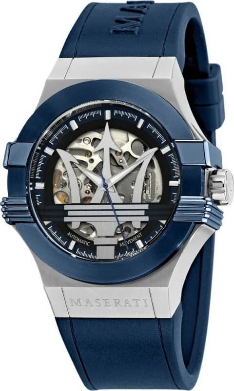 Montre Maserati R8821108028 au cadran squelette bleu dévoilant le mouvement automatique, style sportif et moderne