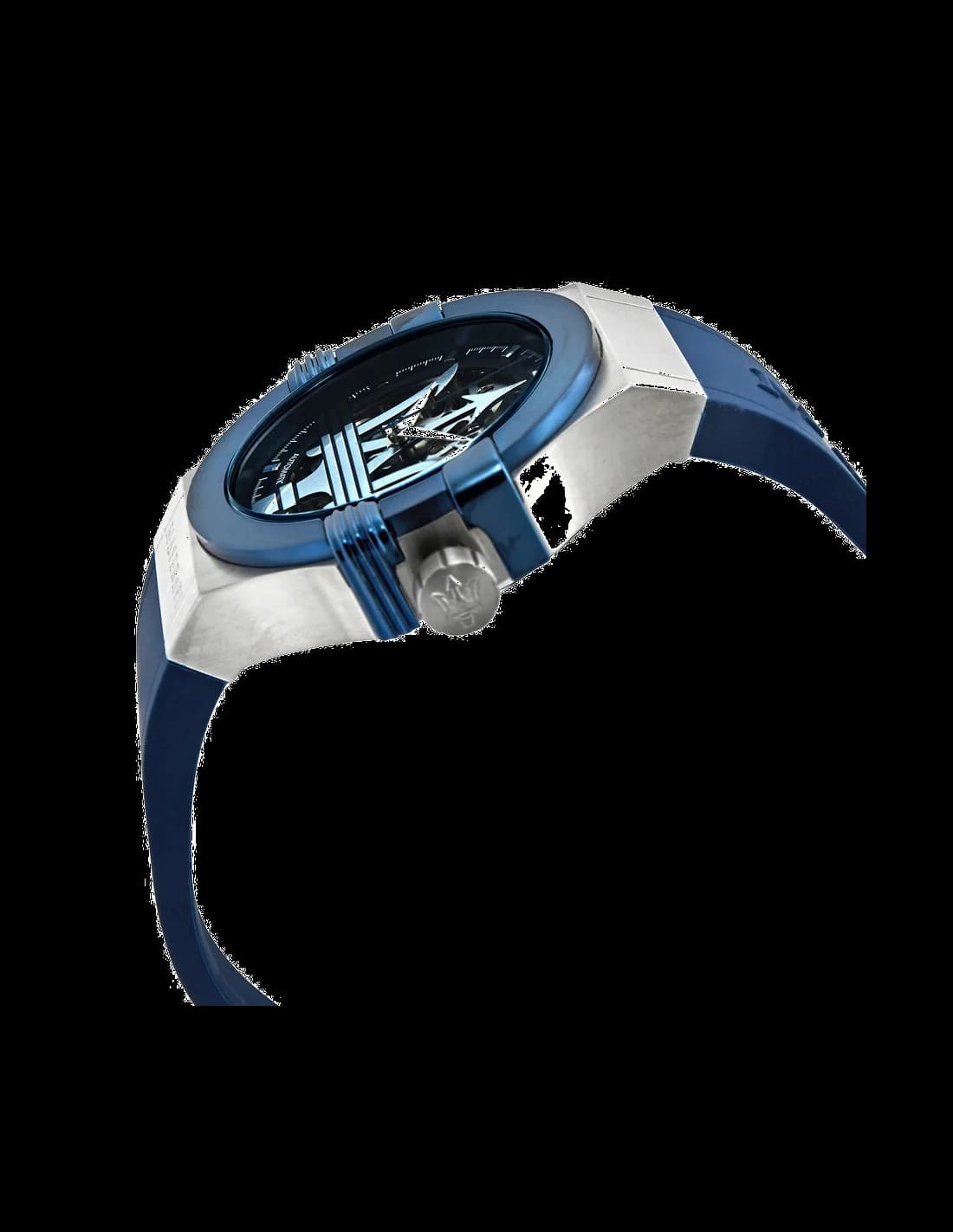 Cadran Maserati R8821108028 squelette bleu avec index et aiguilles rhodiés, ouverture sur le mécanisme automatique