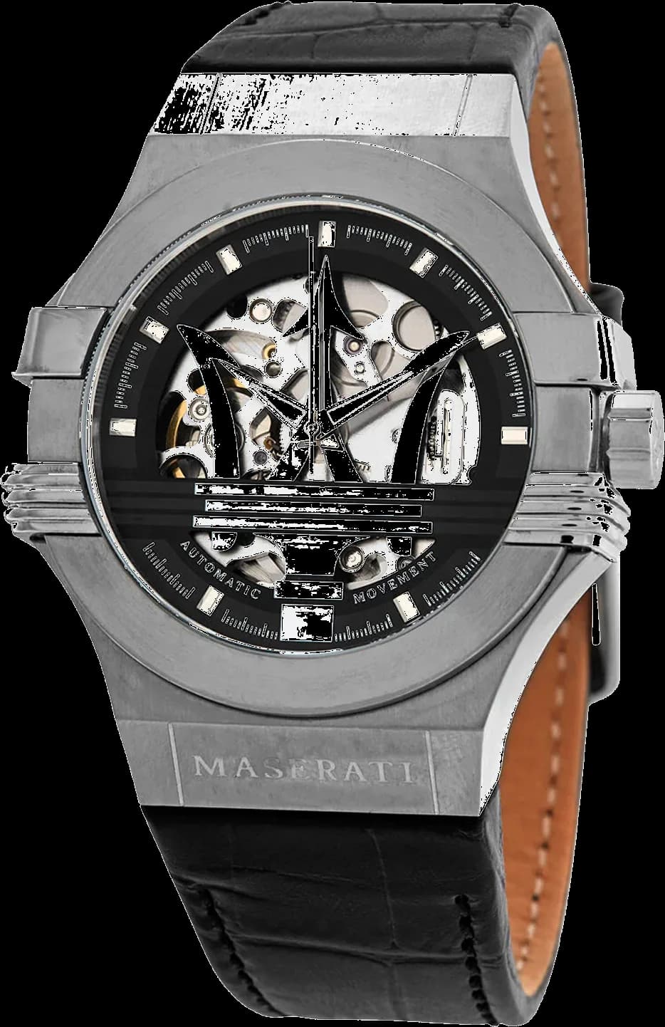 Montre Maserati R8821108038 au cadran squelette noir avec index bâtons et logo Maserati, style sport chic