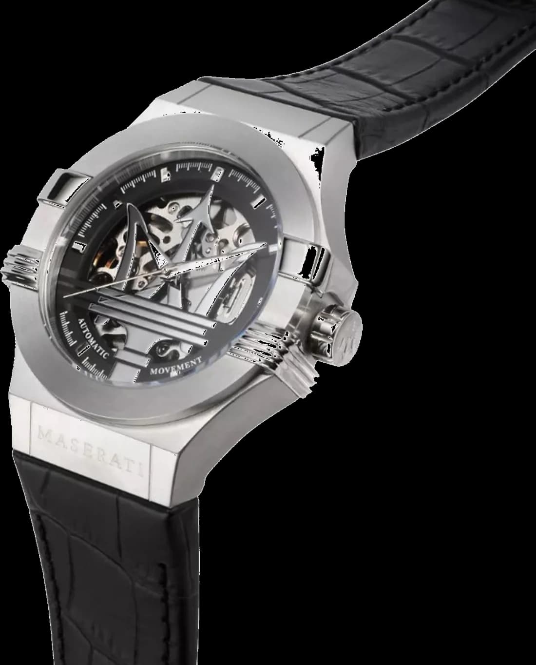 Cadran Maserati R8821108038 squelette noir dévoilant le mouvement automatique, aiguilles luminescentes et index argentés