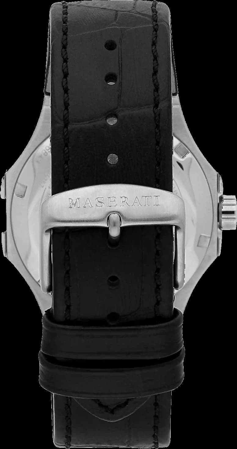 Bracelet Maserati R8821108038 en cuir noir cousu main avec coutures contrastées et boucle ardillon acier